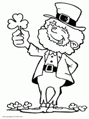 Leprechaun with a shamrock leaf. Holiday coloring pages