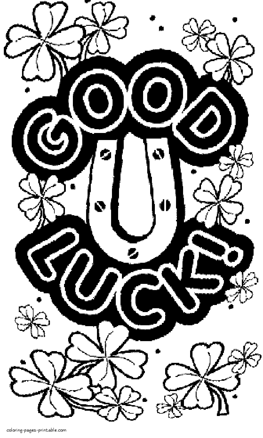 Good luck coloring page. Horseshoe and four-leaf clover