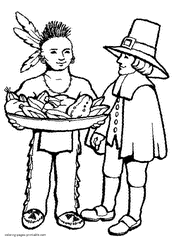 Thanksgiving coloring pages for kids. Indian and pilgrim