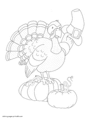 Turkey with a pilgrim hat and pumpkins. Holidays