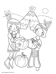Indian children coloring pages. Thanksgiving day
