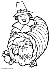 Pilgrim with cornucopia. Coloring page for holiday