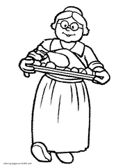 Granny coloring page. Thanksgiving dinner picture