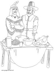 Coloring book Thanksgiving. Indian & pilgrim printable page