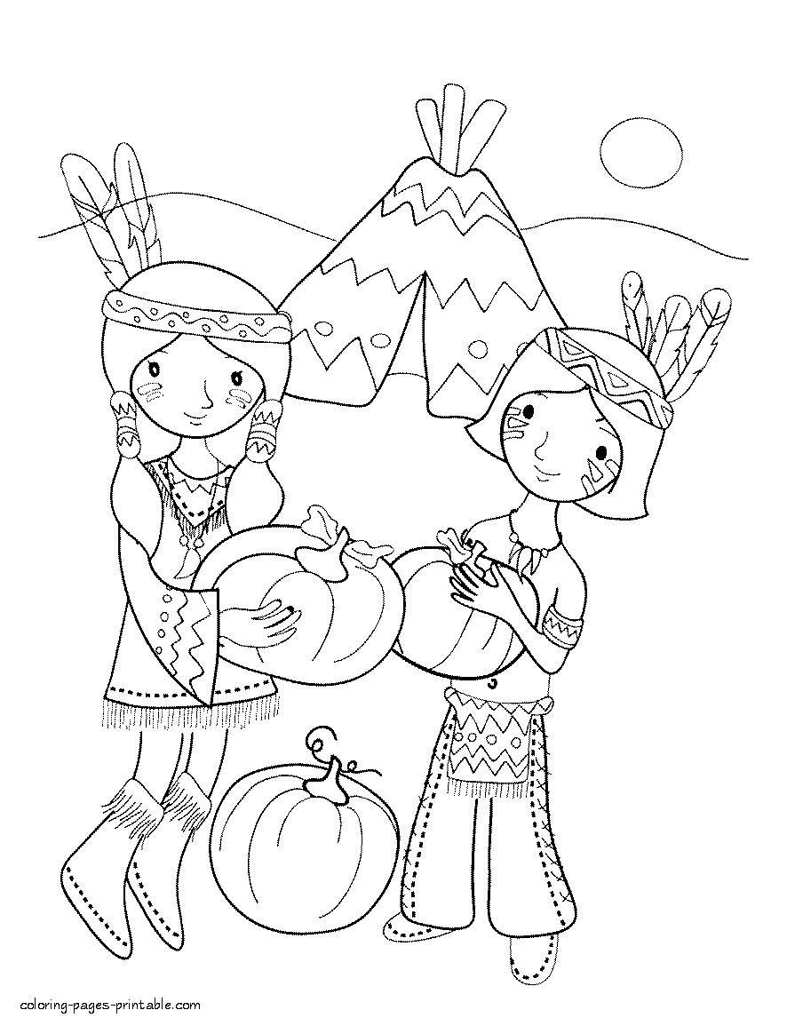 Indian children coloring pages. Thanksgiving day