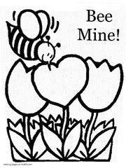 Bee and flowers valentine coloring page for printing