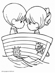 Boy and girl at the boat. Love coloring page for kids