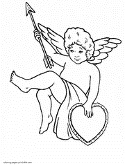 Valentine coloring book for free. Cupid with an arrow and a heart