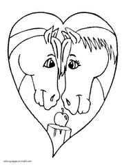 Horses Valentine coloring page to print at paper
