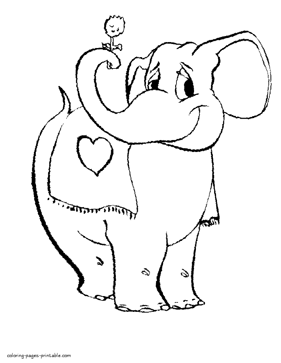 Free coloring valentine pages for preschool. Elephant with flower