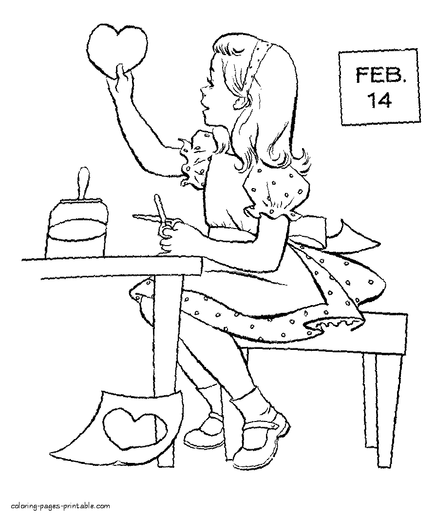 Girl make valentines - coloring page