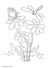 Butterfly and dragonfly above the flowers. Coloring page