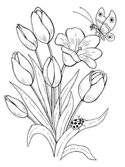 Butterfly, ladybug and tulips coloring page