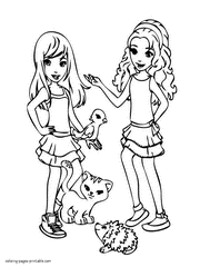 Girls with their pets. Coloring page of Lego Friends