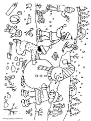 Children makes the snowman. Winter activities coloring pages