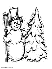 Snowman near Christmas tree. Coloring page for kids