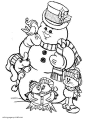 Snowman and the forest animals coloring page
