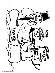 Coloring pages of snowmen for kids. Three friends
