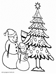 Christmas tree and snowmen. Holiday coloring page