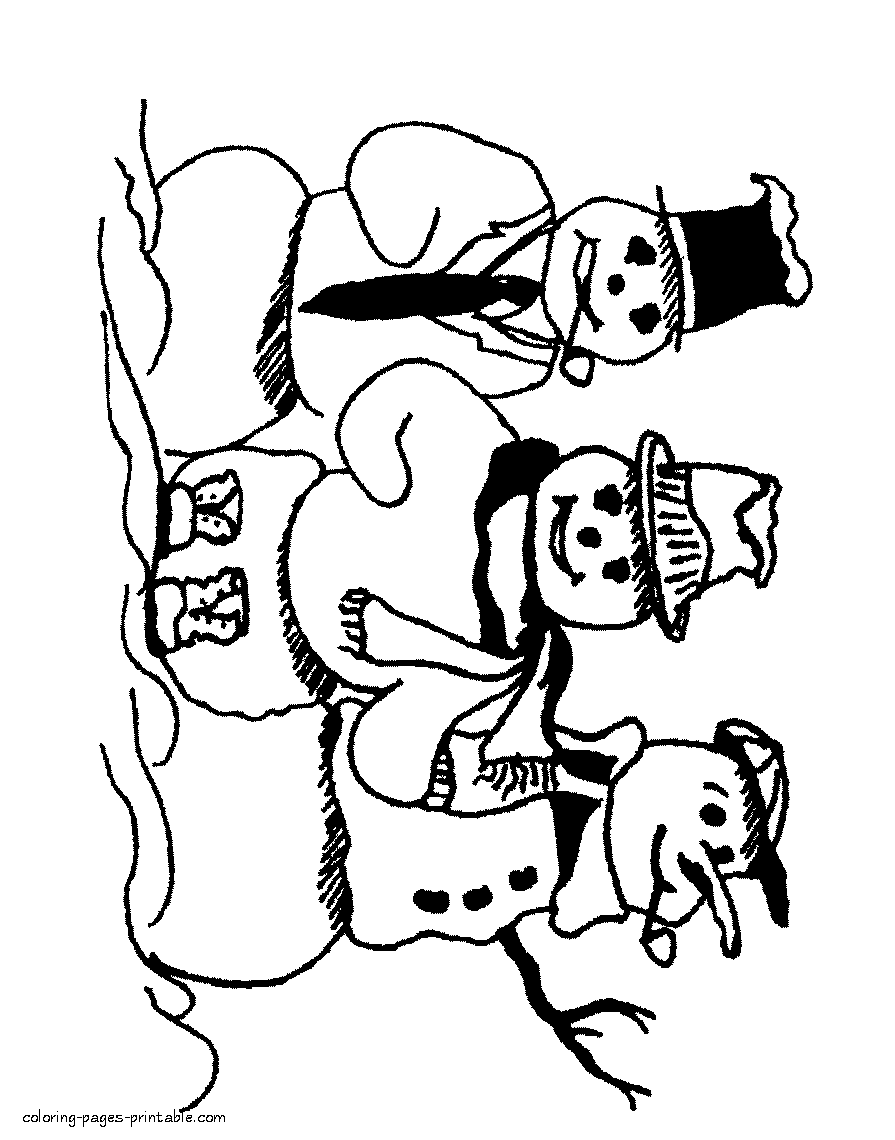 Coloring pages of snowmen for kids. Three friends