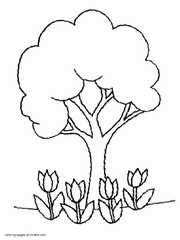 Tulips and tree coloring page spring themed