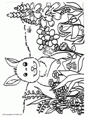 Spring printable coloring pages. Bunny among the flowers