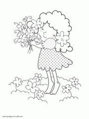 Girl with the bouquet of wild spring flowers. Coloring pages