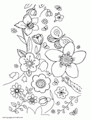 Colouring pages of the flowers and butterflies for spring