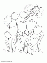 Bee and tulips coloring page of spring