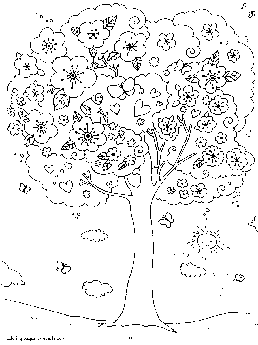 Download Coloring pages spring. Blossoming tree || COLORING-PAGES-PRINTABLE.COM