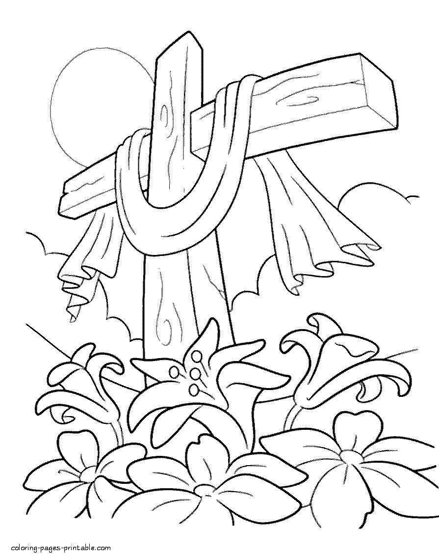 Download Easter Lilies and Cross coloring page || COLORING-PAGES-PRINTABLE.COM