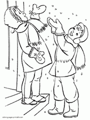 First snow. Coloring page of winter