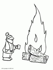 Winter printable coloring pages. Men near the bonfire