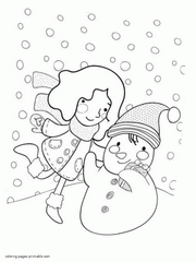 Girl and snowman. Winter coloring page for child