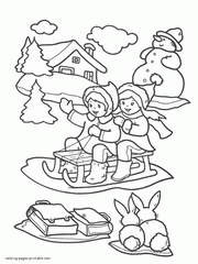 Winter coloring pages for kids printable. Children in sledge