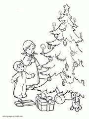 Children near Christmas tree. Coloring pages