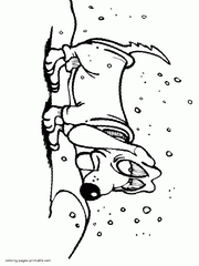 Dog eats the snow. Coloring page about winter