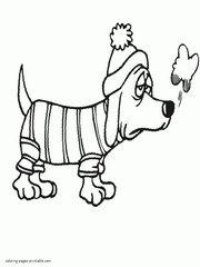 Even the dogs are dressed in winter. Coloring pages for kids