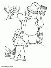 Winter coloring pages. Boy with a sledge and snowman