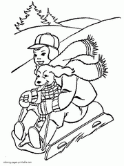 Sledging coloring page for kids. Winter fun