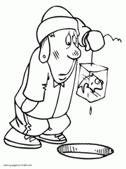 Winter fisherman. Funny coloring page