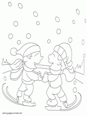 Skating coloring winter page. Two children