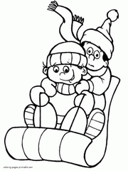 Winter themed coloring pages. Kids are sledging