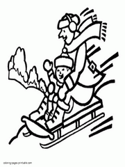 Father and son are sledding. Winter fun coloring pages