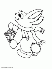 Winter rabbit with a lantern coloring page