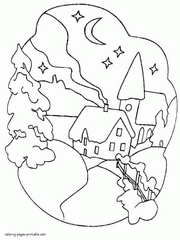 Winter coloring book pages. Trees and houses