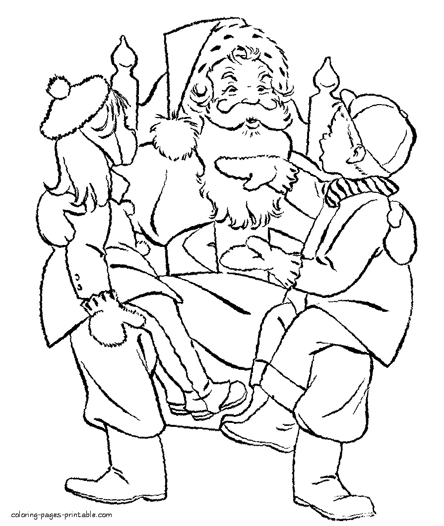 Coloring page - Santa with two kids