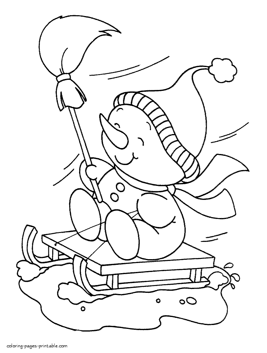 Download Snowman in sledge || COLORING-PAGES-PRINTABLE.COM