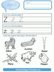 Preschool Worksheets Alphabet With Coloring Pictures. Letter Z