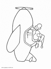 Santa is flying in an airplane - transportation coloring page